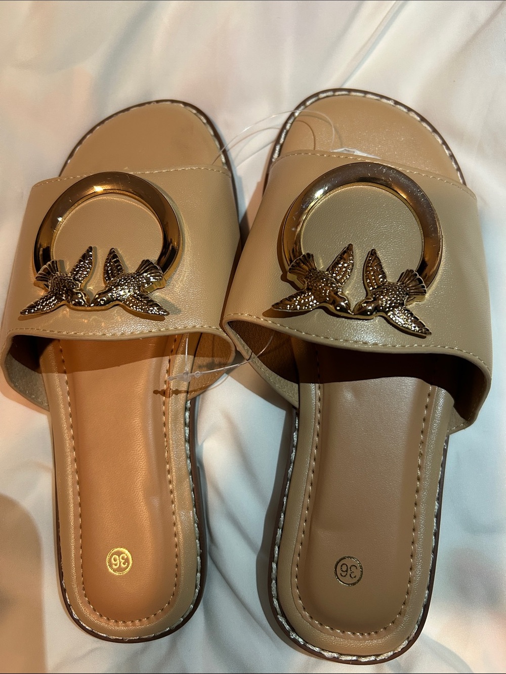 Beige Women's Slip-On Mules with Gold Bird Ring Accent
